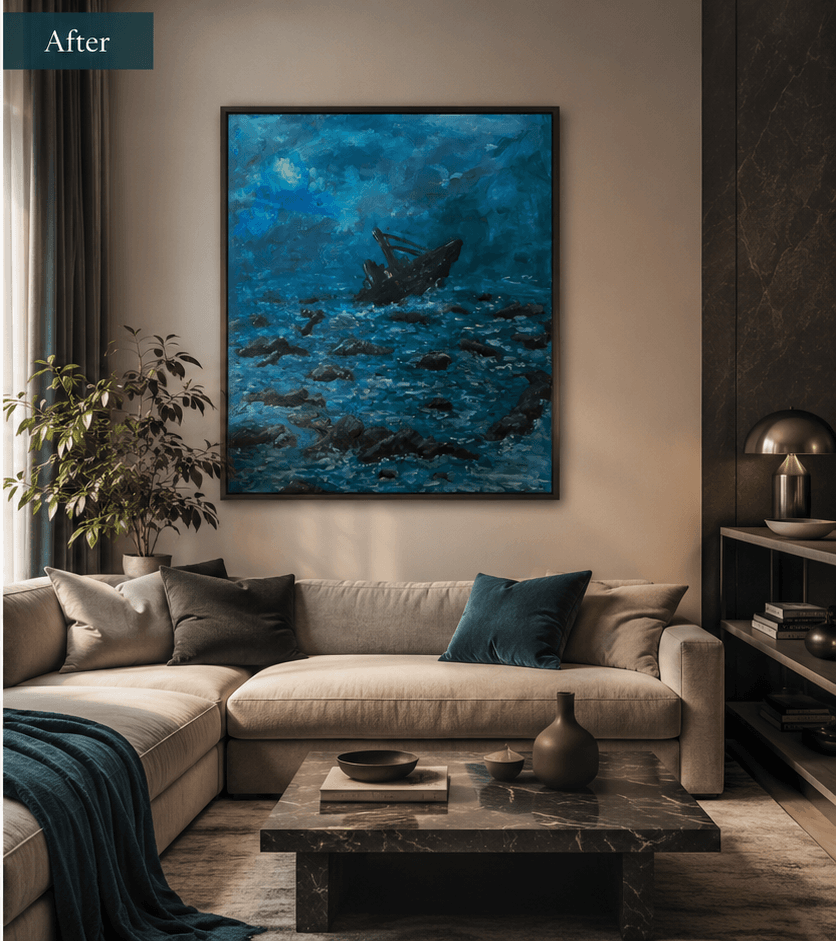 Living room transformed by a custom Chaya Friedman painting.