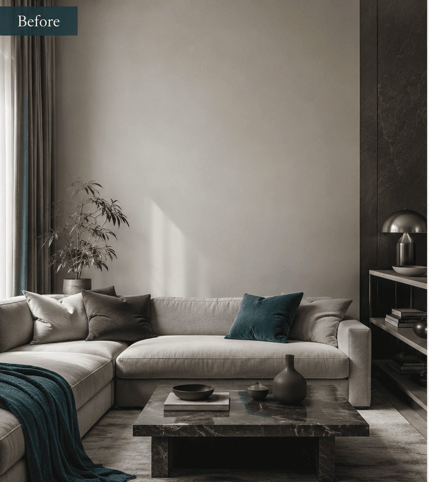A beautiful living room with a bare wall, before Chaya's painting.