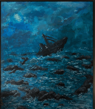 The finished painting made for this room — a dark, restless sea at dusk.
